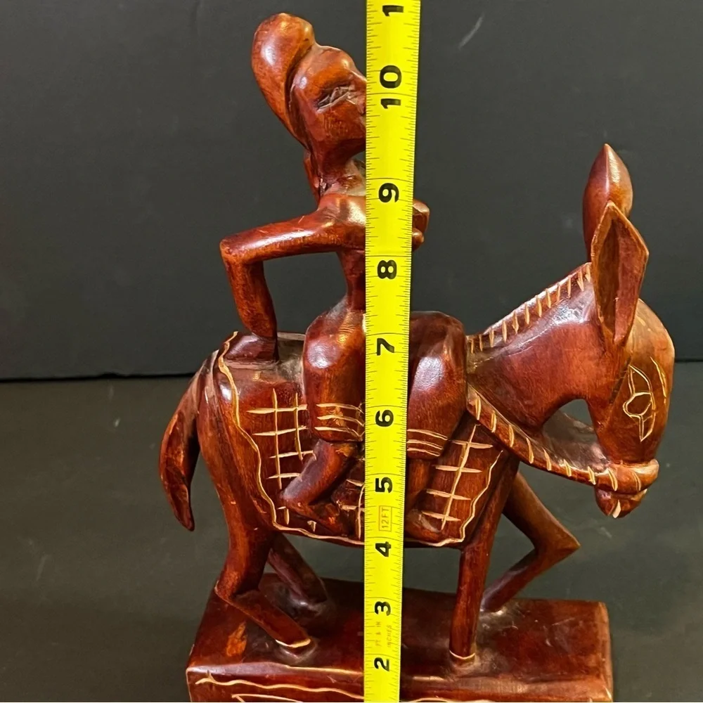 Hand Carved African Wood Woman Riding Donkey Figurine Folk Art Rustic Primitive